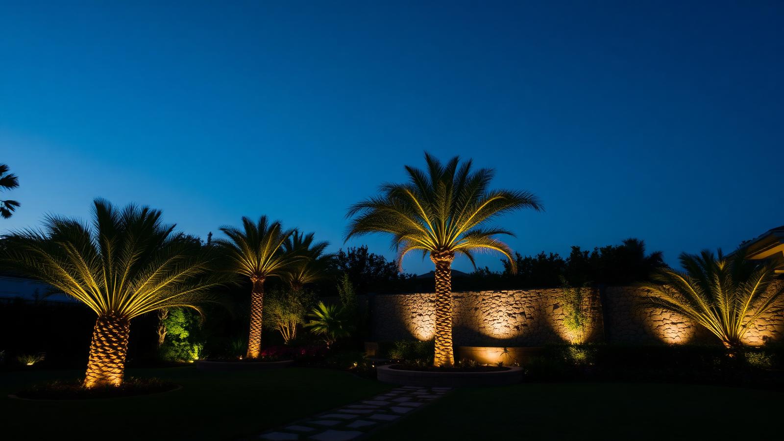 Jardim iluminado ao anoitecer